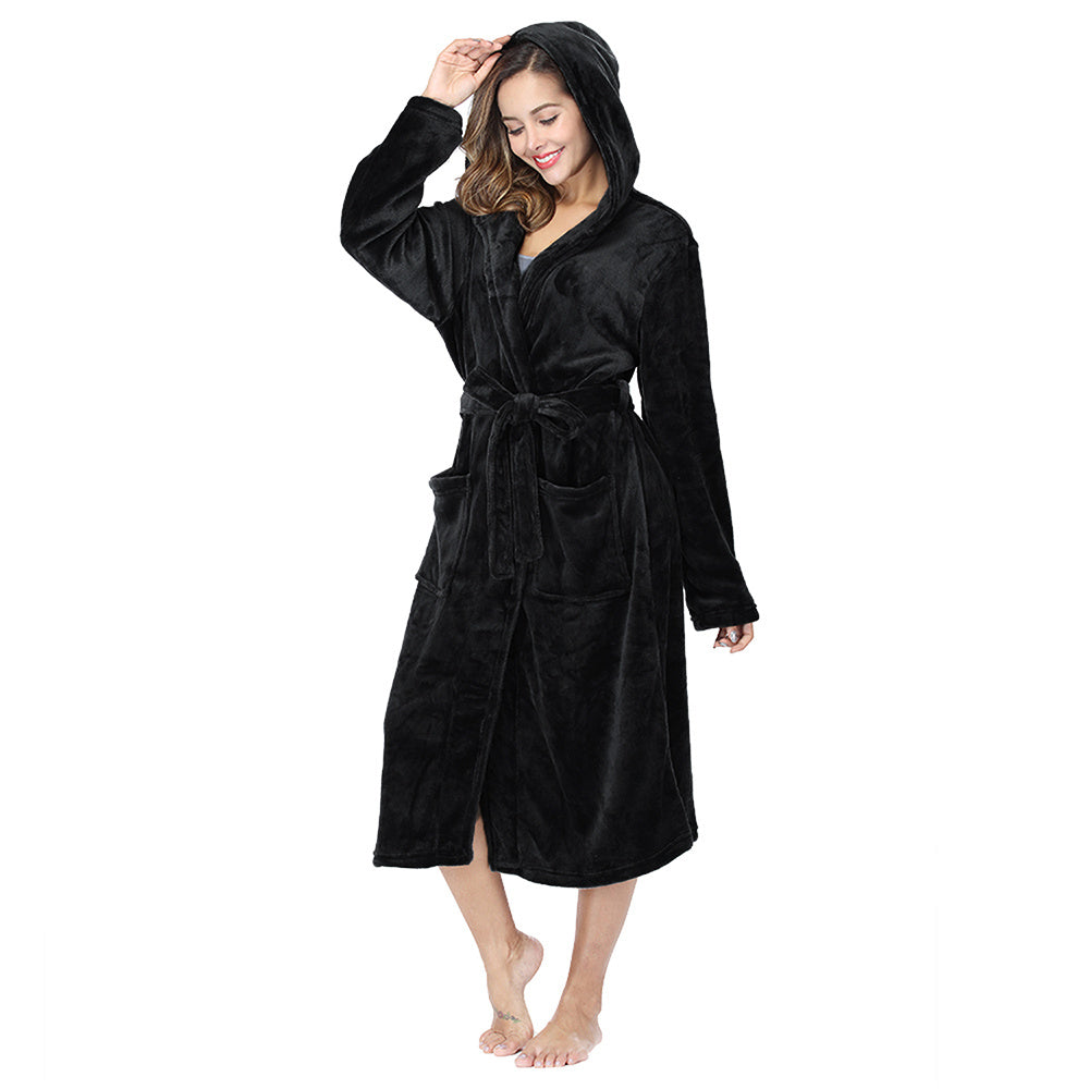 Womens Long Robes Plush Fleece Nightgown Thick Hooded